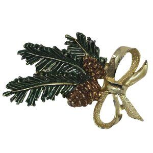 Vintage Gerry’s Pine Cone Holiday Brooch Green Gold Tone Bow Christmas Pin
